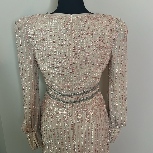 Mac Duggal 93593 Sequined V Neck Bishop Long Sleeve Dress Nude NWT! - Picture 10 of 14